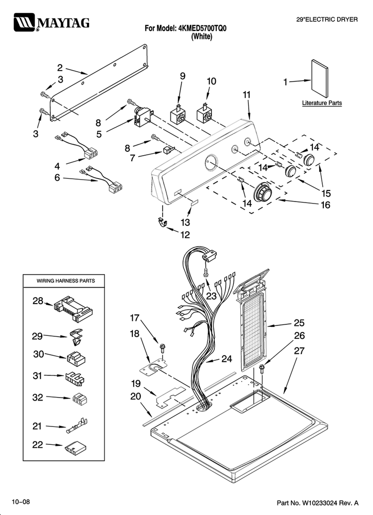 Top And Console Parts Diagram and Parts List for 4KMED5700TQ0  Maytag Dryer