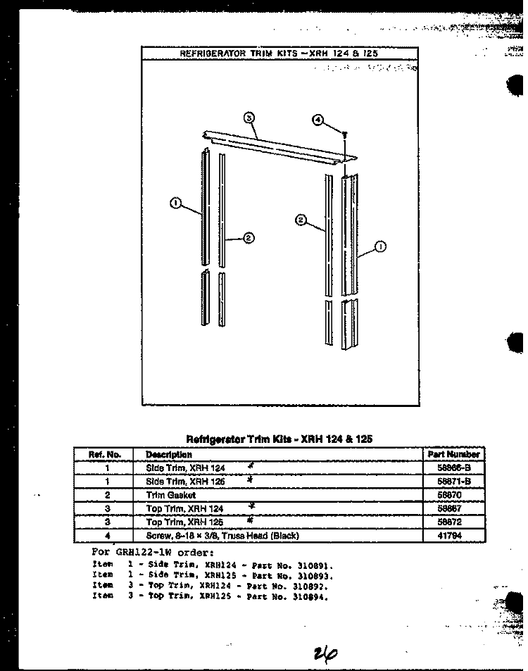 REF TRIM KITS - XRH 124 & 125 Diagram and Parts List for GRH122  Caloric Refrigerator