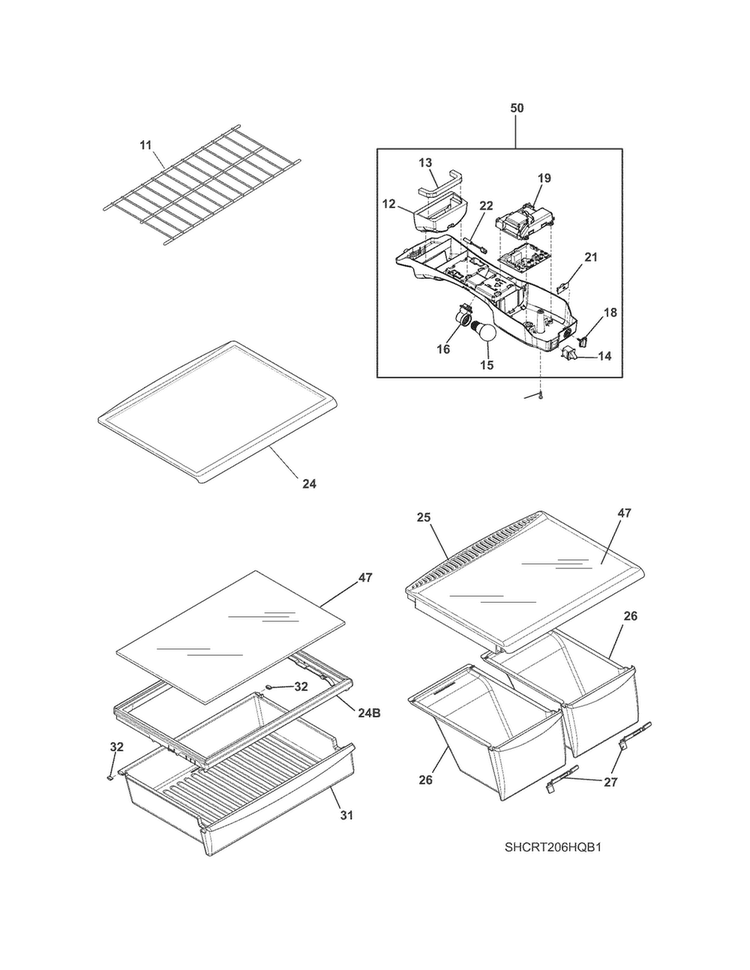 Shelves Diagram and Parts List for CRT206HQW1  Crosley Refrigerator