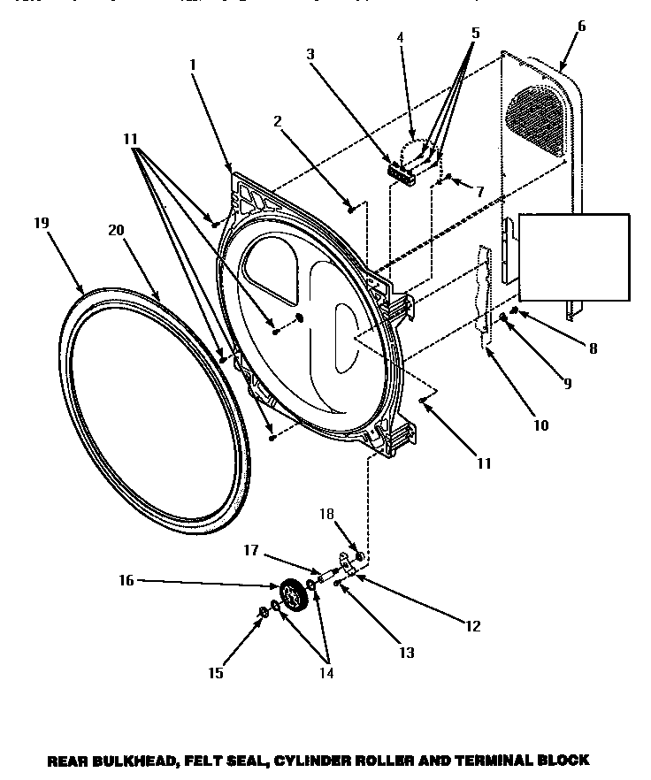 Rear Bulkhead, Felt Seal, Cylinder Roller & Terminal Block Diagram and Parts List for CE4307W P1163513WW Amana Dryer
