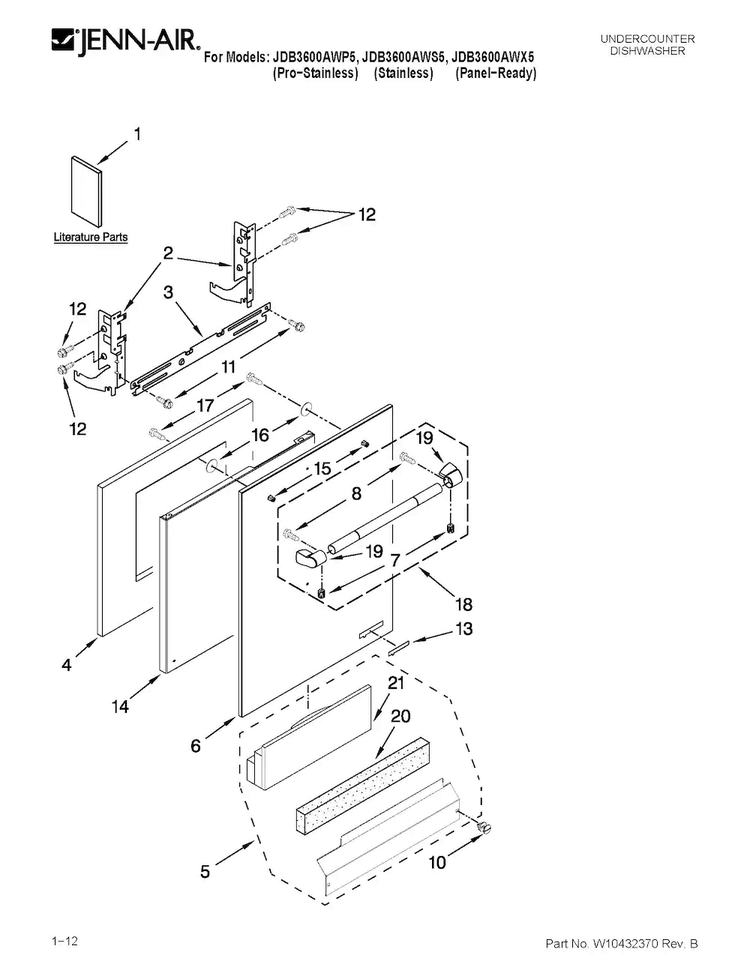 Door And Panel Parts Diagram and Parts List for JDB3600AWX5  Jenn-Air Dishwasher