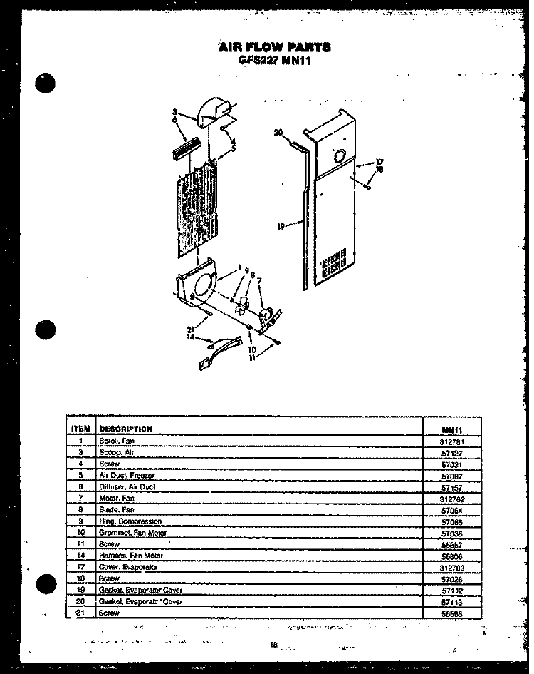 AIR FLOW PARTS Diagram and Parts List for GFS227/MN11  Caloric Refrigerator