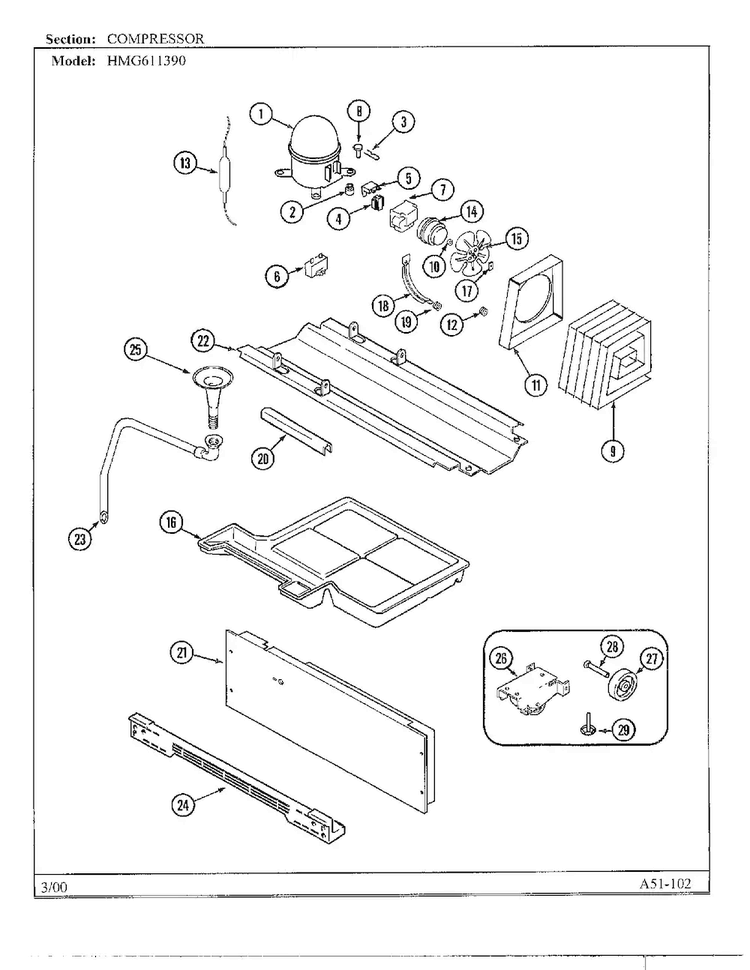Compressor Diagram and Parts List for HMG611390  Admiral Refrigerator