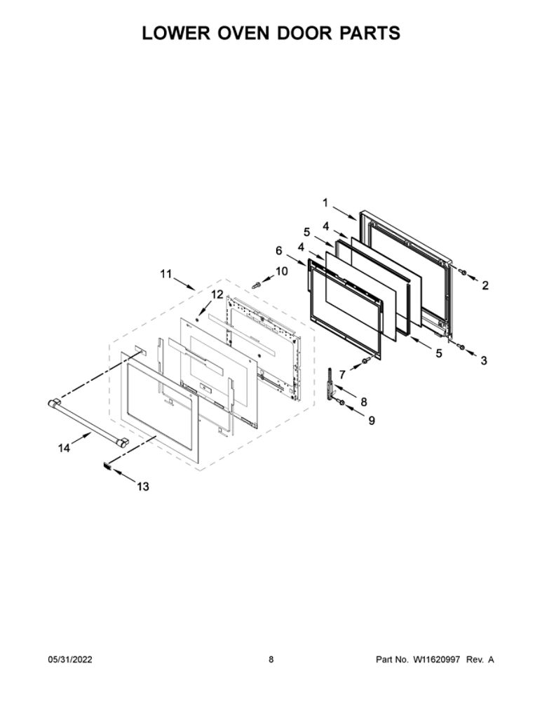 Lower Oven Door Parts Diagram and Parts List for MEW9627FZ20  Maytag Wall Oven