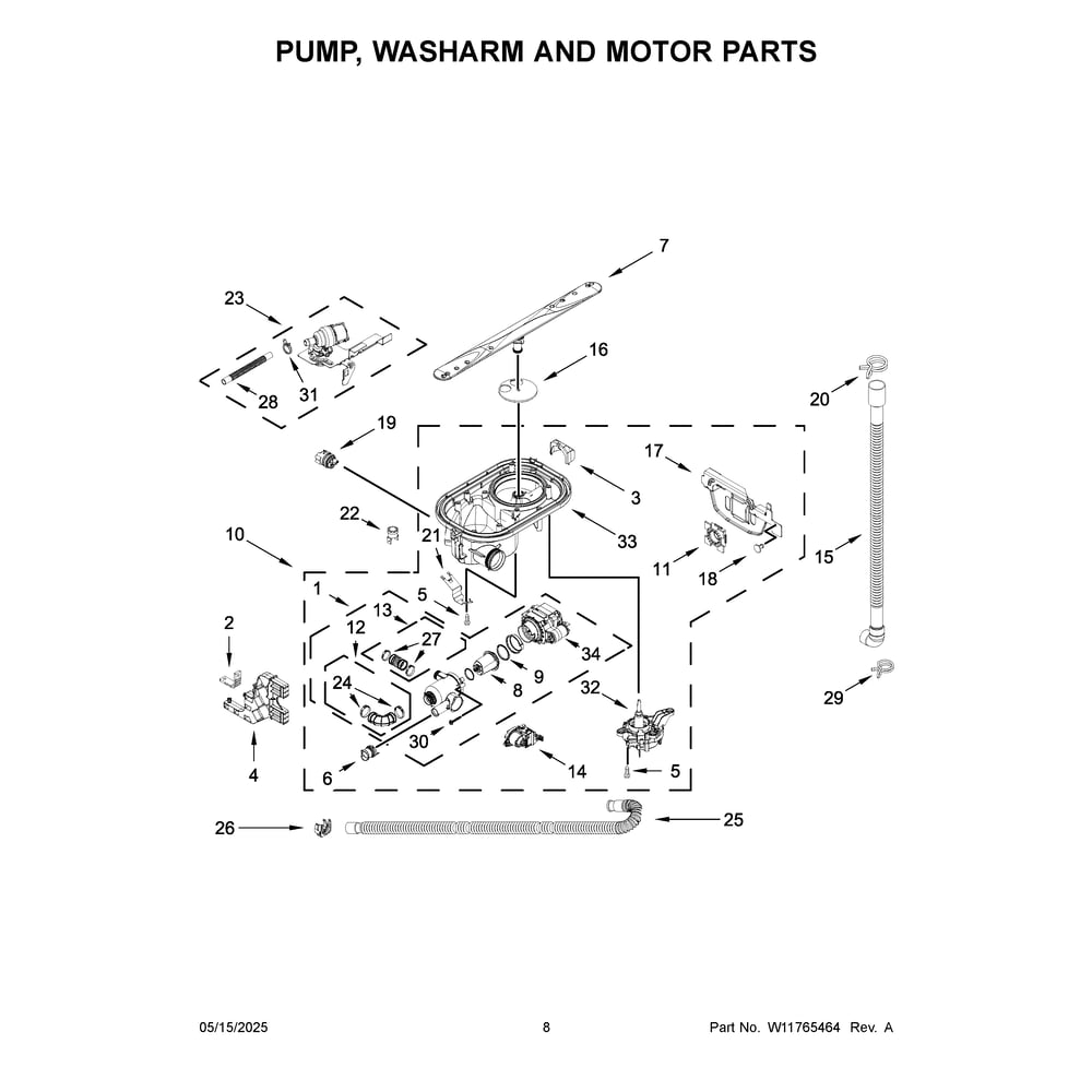 Pump, Washarm And Motor Parts Diagram and Parts List for MDPS7024SZ0  Maytag Dishwasher