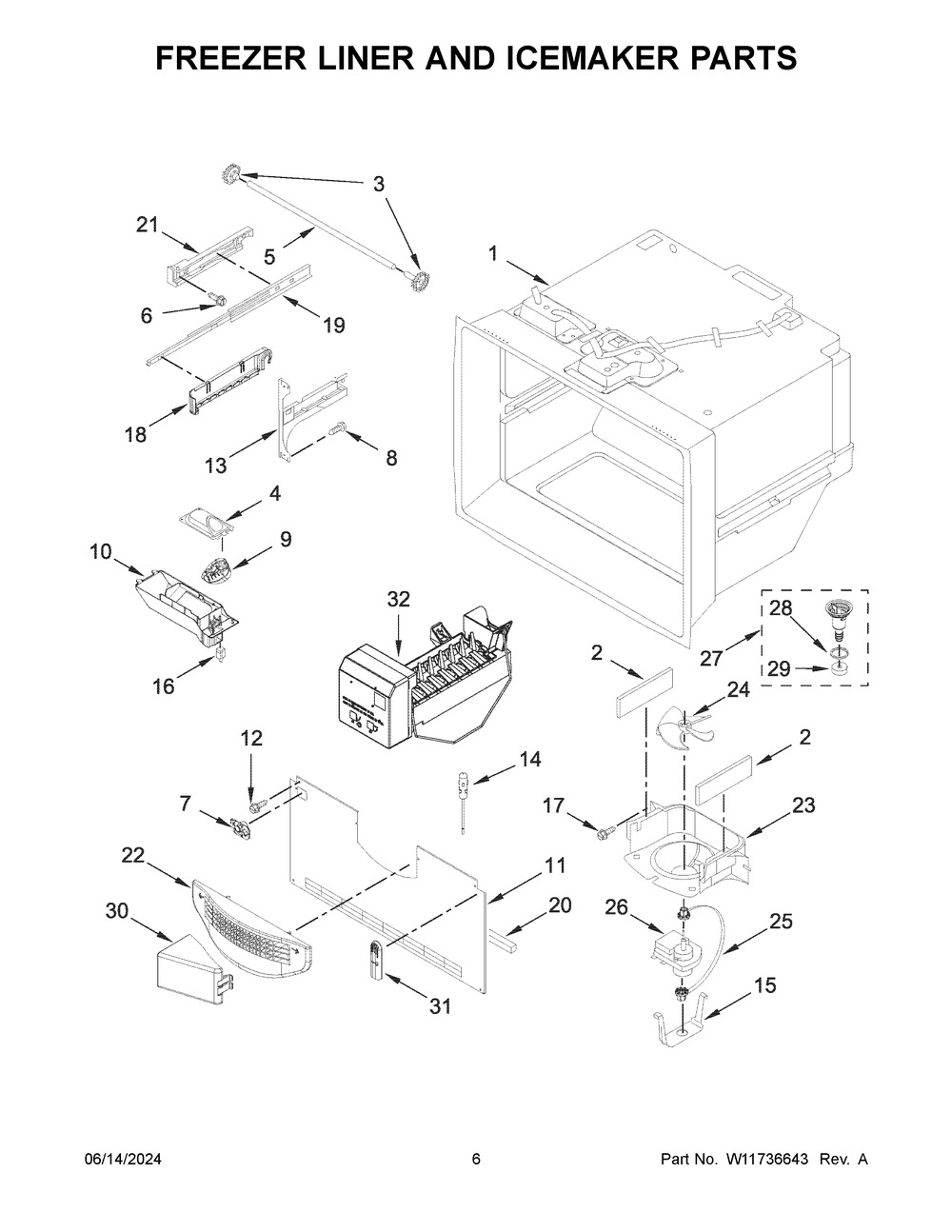 Freezer Liner And Icemaker Parts Diagram and Parts List for JFFCF72DKL07  Jenn-Air Refrigerator