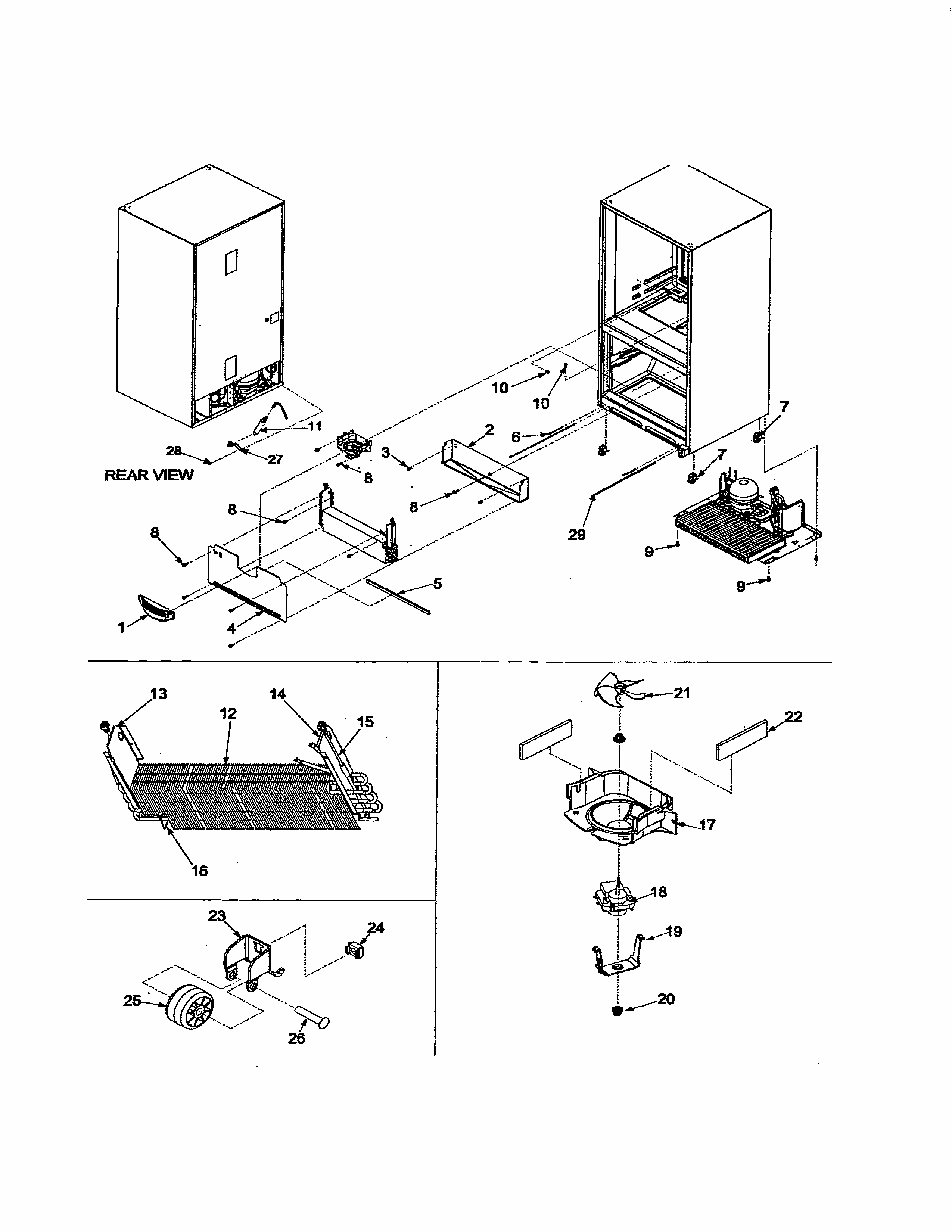 Evaporator Area & Rollers Diagram and Parts List for 59673502203  Kenmore Refrigerator
