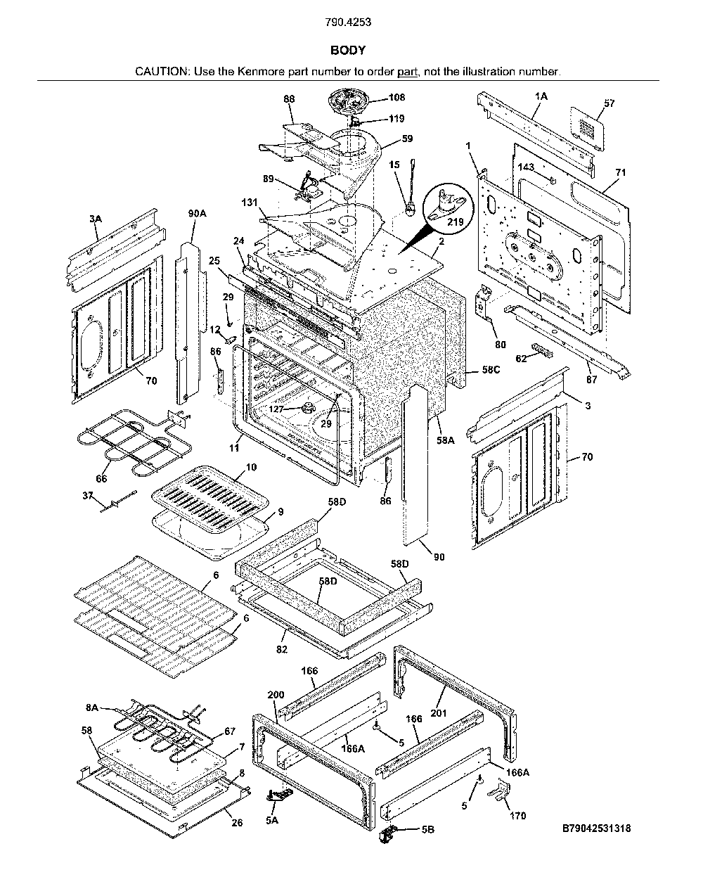 Body Diagram and Parts List for 7904253131A  Kenmore Range