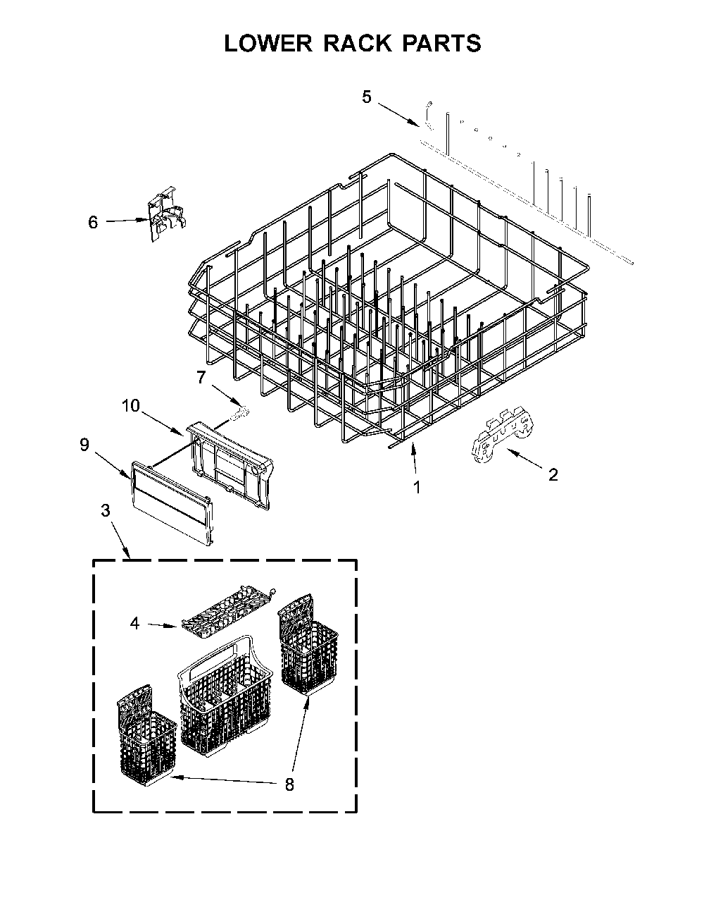 Lower Rack Parts Diagram and Parts List for 66512776K315  Kenmore Dishwasher