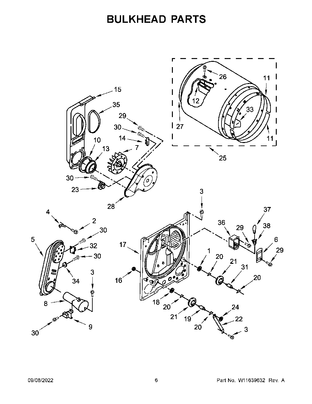 Bulkhead Parts Diagram and Parts List for 11072332514  Kenmore Dryer