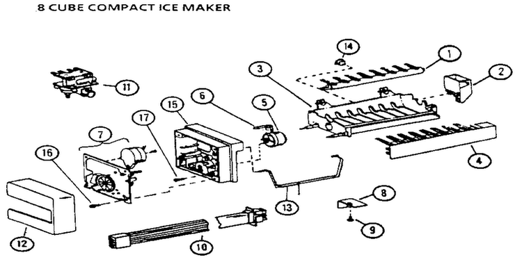 8 Cube Compact Ice Maker Diagram and Parts List for 36541-P1121702W  Amana Refrigerator