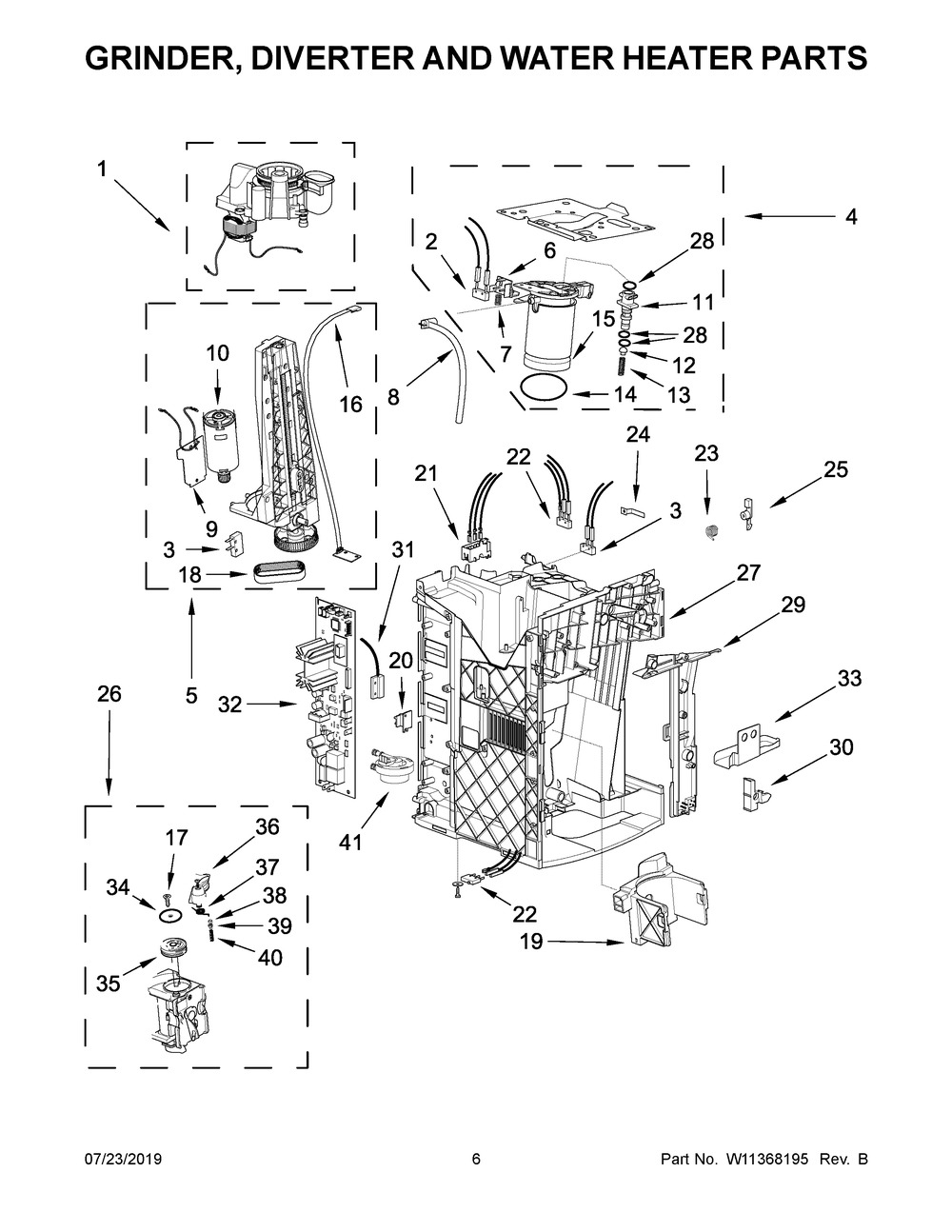 Grinder, Diverter And Water Heater Parts Diagram and Parts List for JJB6424HM0  Maytag Coffee Maker