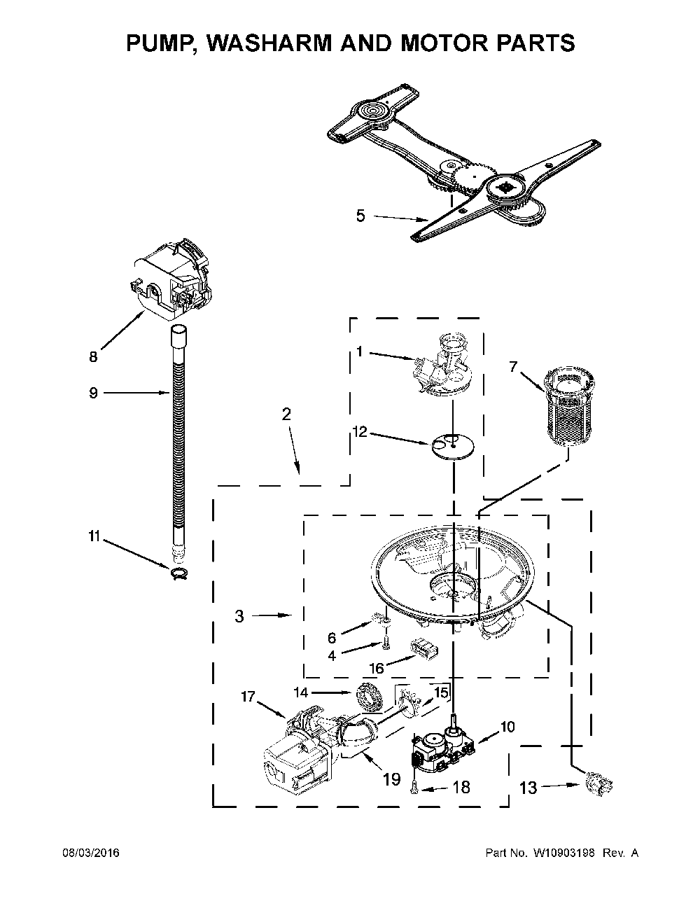 Pump, Washarm And Motor Parts Diagram and Parts List for 66514703N511  Kenmore Dishwasher