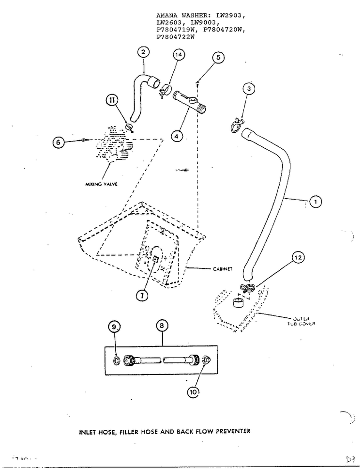 Inlet Hose, Filler Hose And Back Flow Preventer Diagram and Parts List for P7804719W  Amana Washer