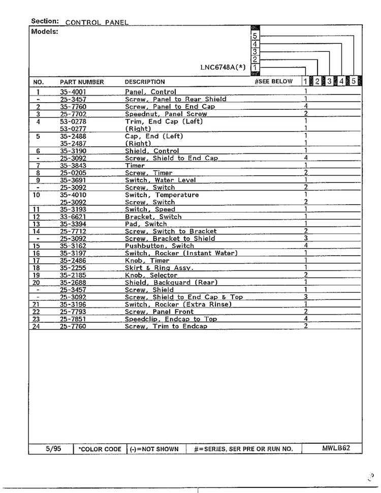 Control Panel Page 2 Diagram and Parts List for 6748A  Norge Washer