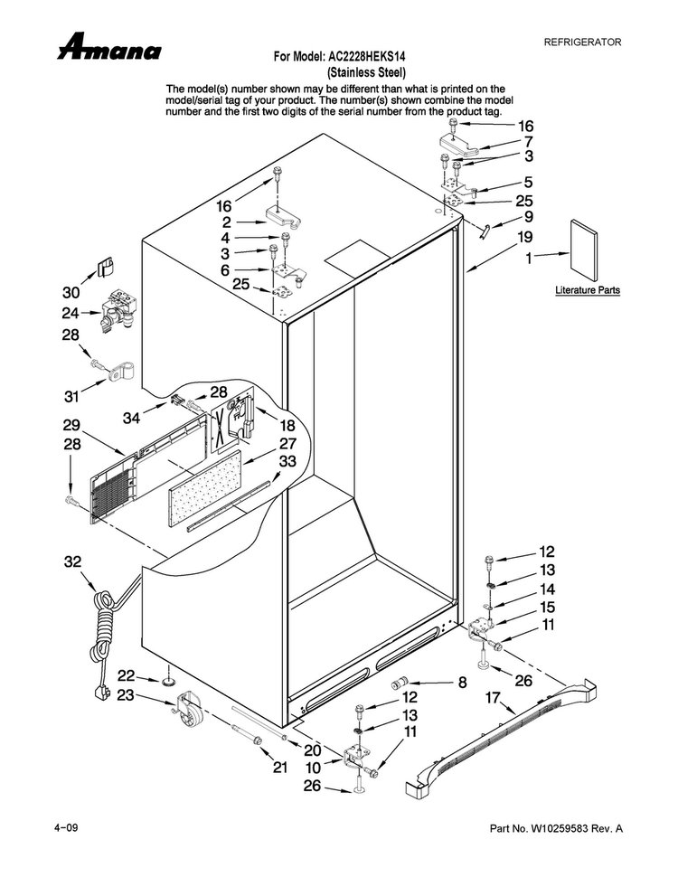 Cabinet Parts Diagram and Parts List for AC2228HEKS14  Amana Refrigerator