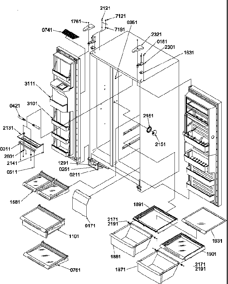 Refrigerator/freezer Shelves, Lights, And Hinges Diagram and Parts List for SRD520SW-P1186302WW  Amana Refrigerator