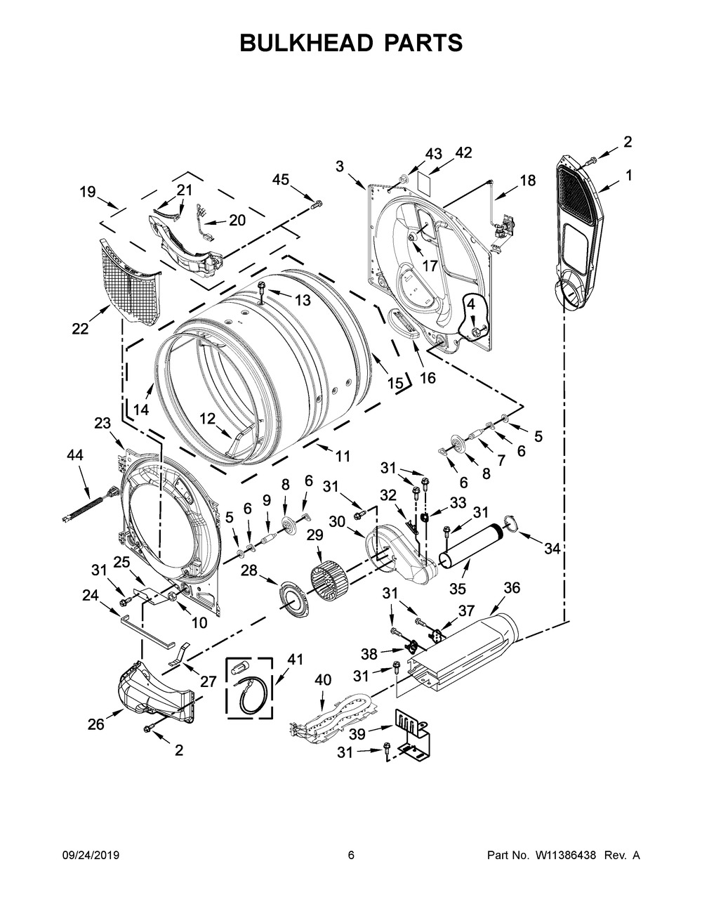 Bulkhead Parts Diagram and Parts List for YMED8630HW1  Maytag Dryer
