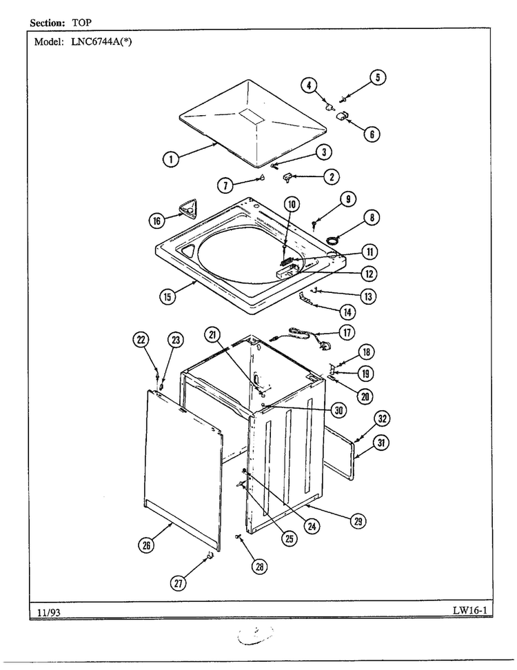 Top Diagram and Parts List for 6744B  Norge Washer