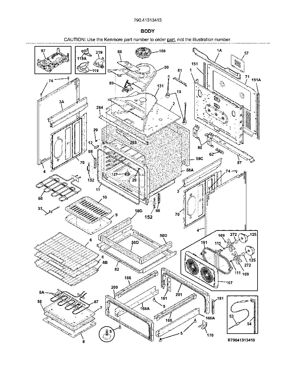 Body Diagram and Parts List for 79041313413  Kenmore Range