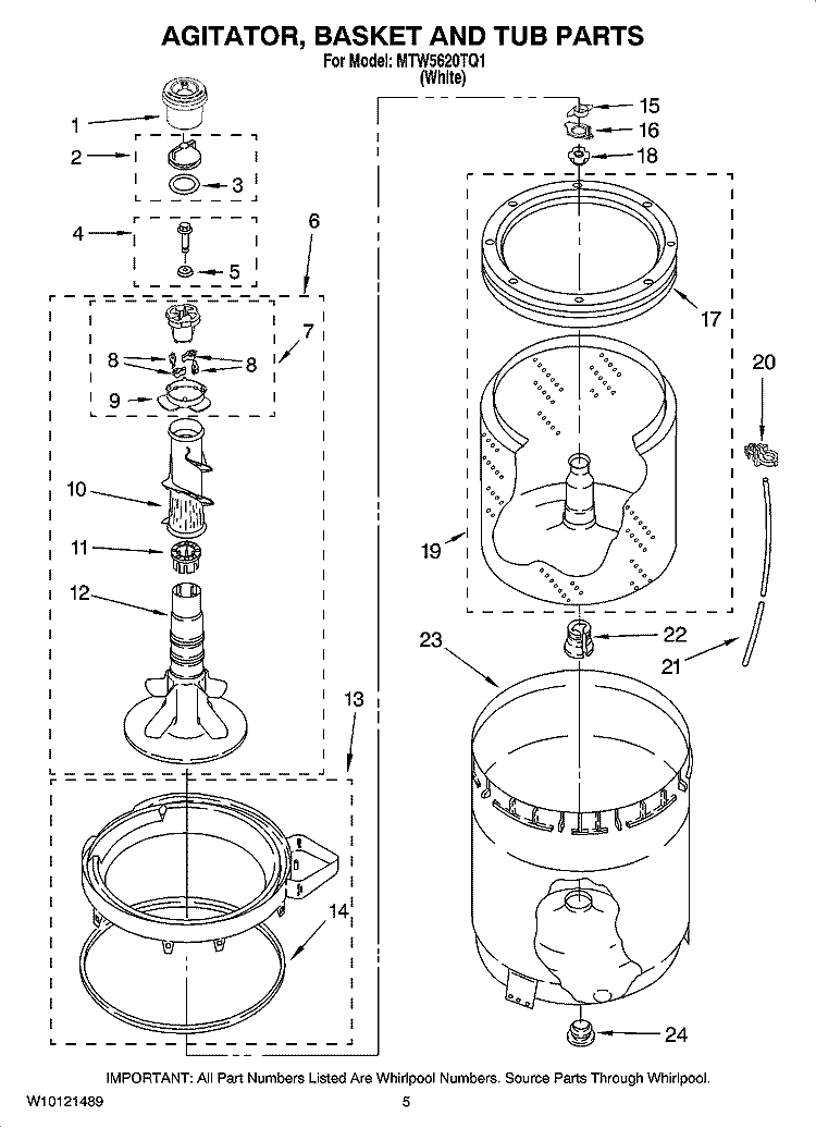 AGITATOR, BASKET AND TUB PARTS Diagram and Parts List for MTW5620TQ1  Maytag Washer