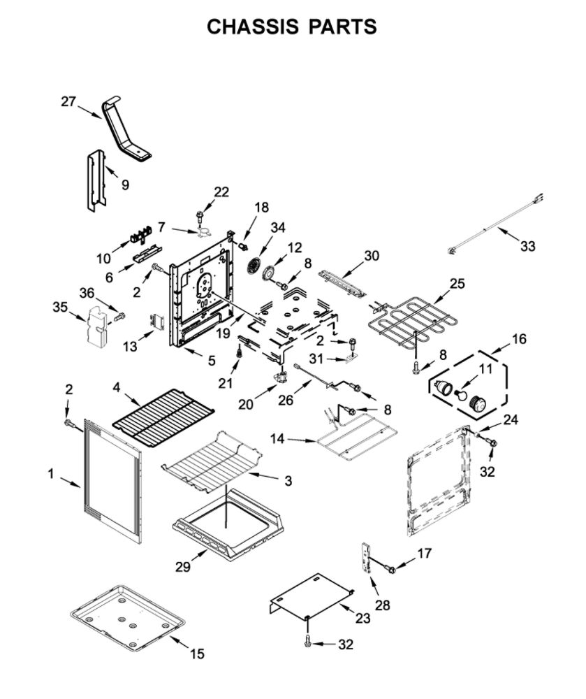 Chassis Parts Diagram and Parts List for YMER8800FZ1  Maytag Range