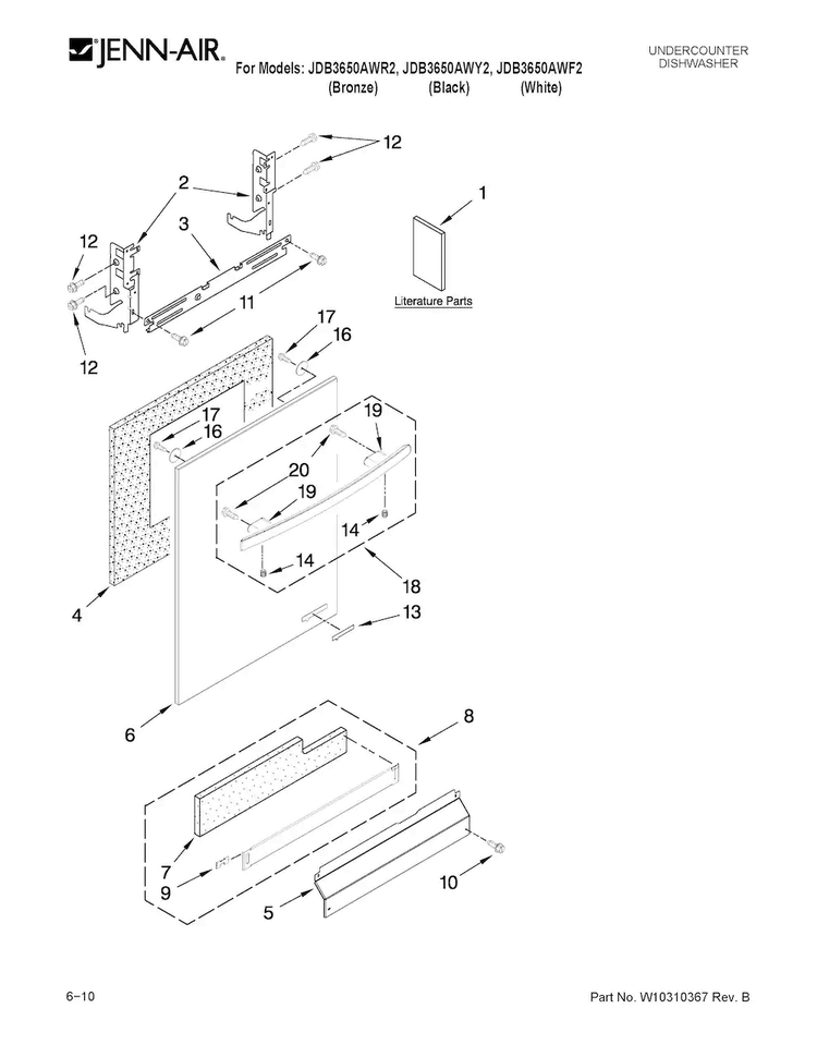 Door And Panel Parts Diagram and Parts List for JDB3650AWF2  Jenn-Air Dishwasher
