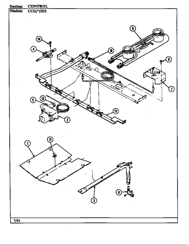 Gas Controls Diagram and Parts List for UCGW3D5NW-AD  Crosley Range