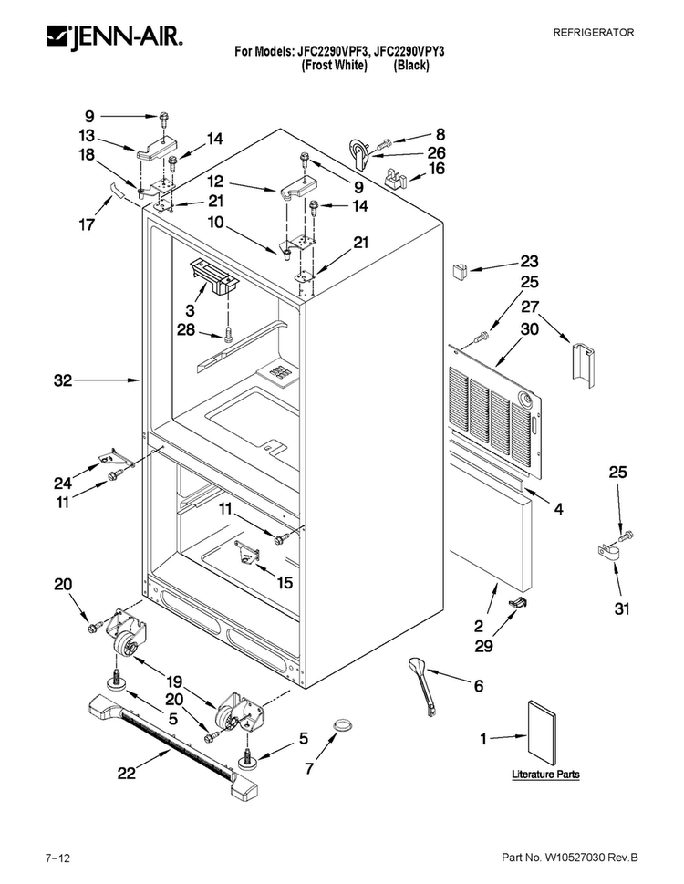 Cabinet Parts Diagram and Parts List for JFC2290VPY3  Jenn-Air Refrigerator
