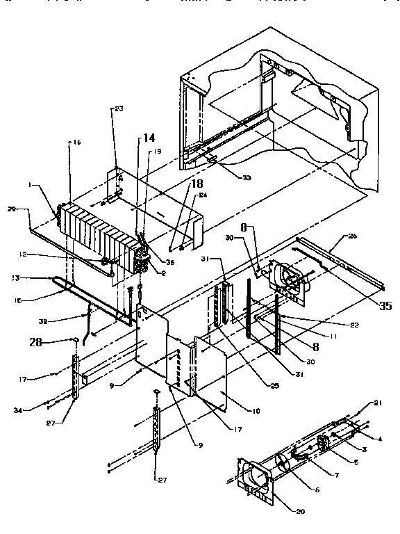 Evaporator Area Diagram and Parts List for TXI22R2-P1168014W  Amana Refrigerator