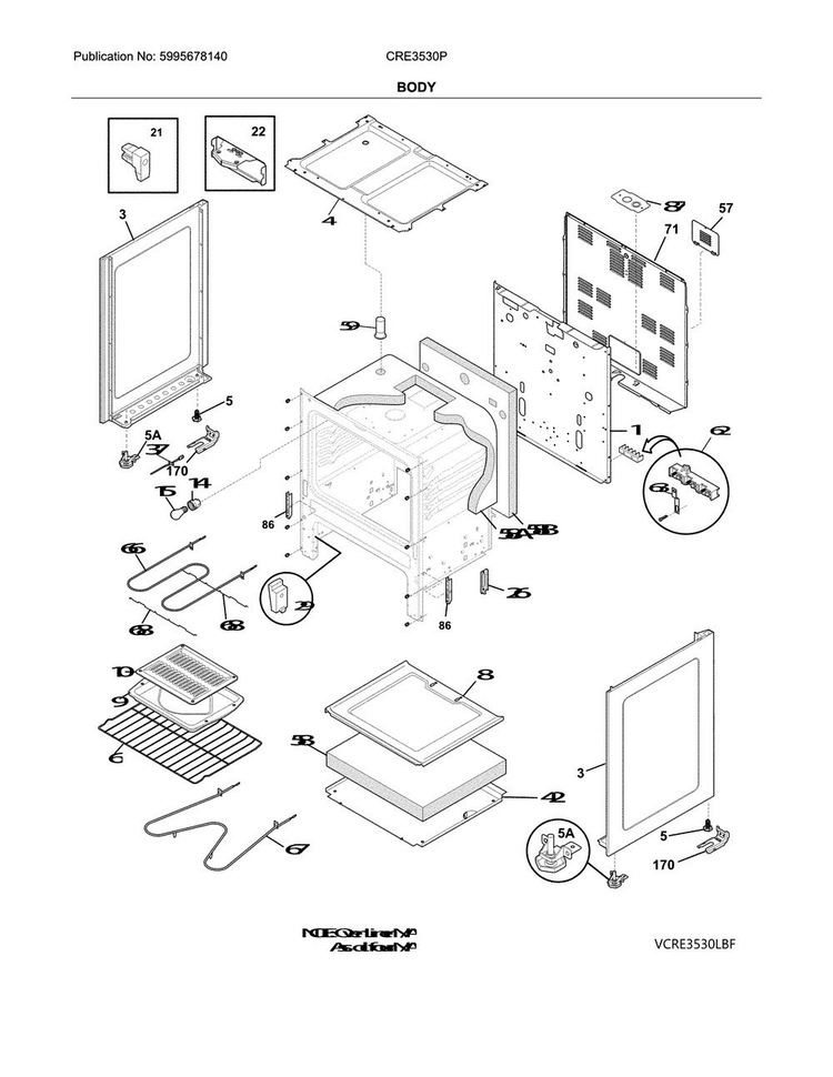 Body Diagram and Parts List for CRE3530PWD  Crosley Range