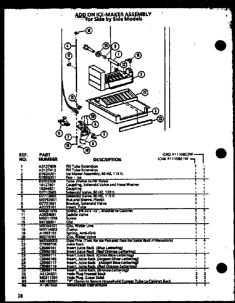 Add On Ice-maker Assembly For Side By Side Models Diagram and Parts List for SZ25MPL-P1120711WL  Amana Refrigerator