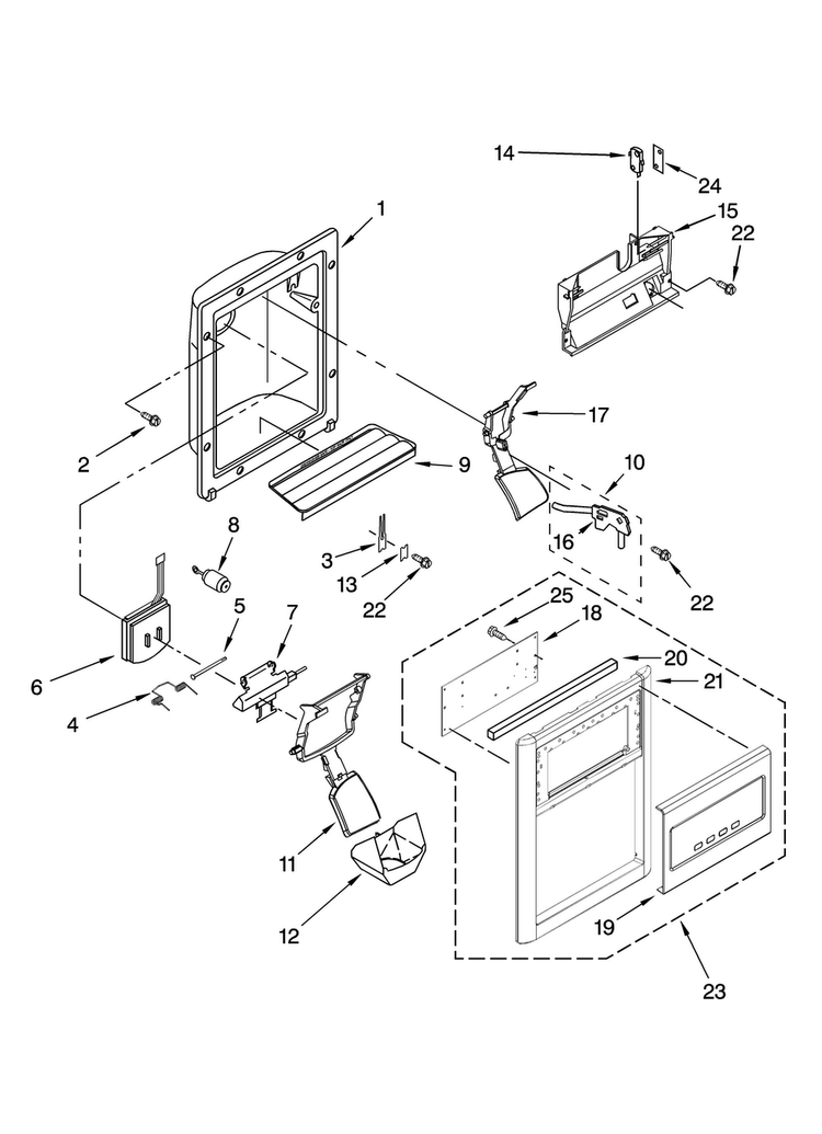 Dispenser Front Parts Diagram and Parts List for MSD2552VEA01  Maytag Refrigerator