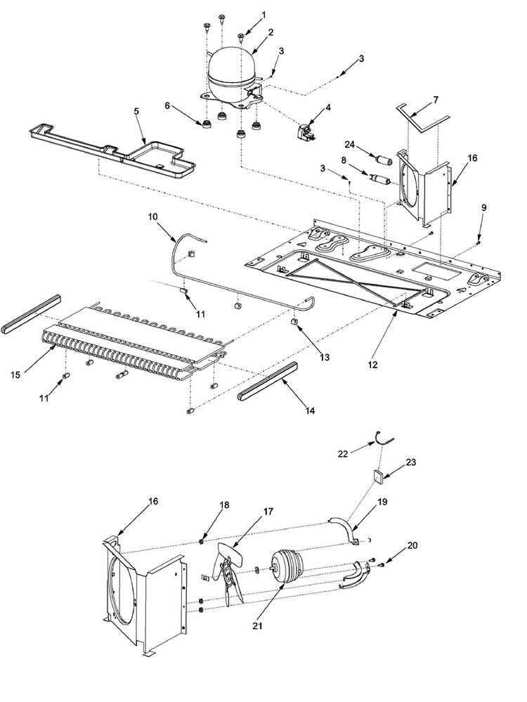 Machine Compartment Diagram and Parts List for XRSR465BB-PXRSR465BB0  Amana Refrigerator