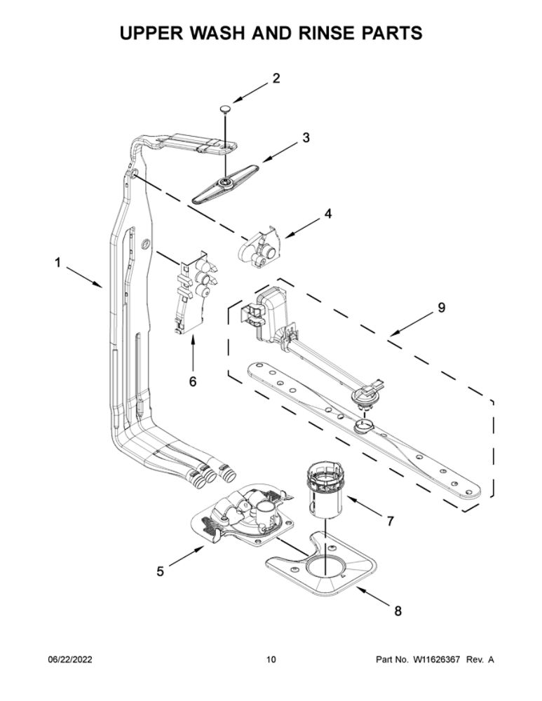 Upper Wash And Rinse Parts Diagram and Parts List for JDPSS246LM1  Maytag Dishwasher
