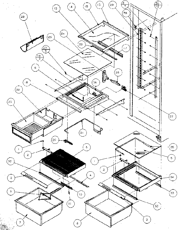 Refrigerator Shelving And Drawers Diagram and Parts List for SX120J-P7870122W  Amana Refrigerator