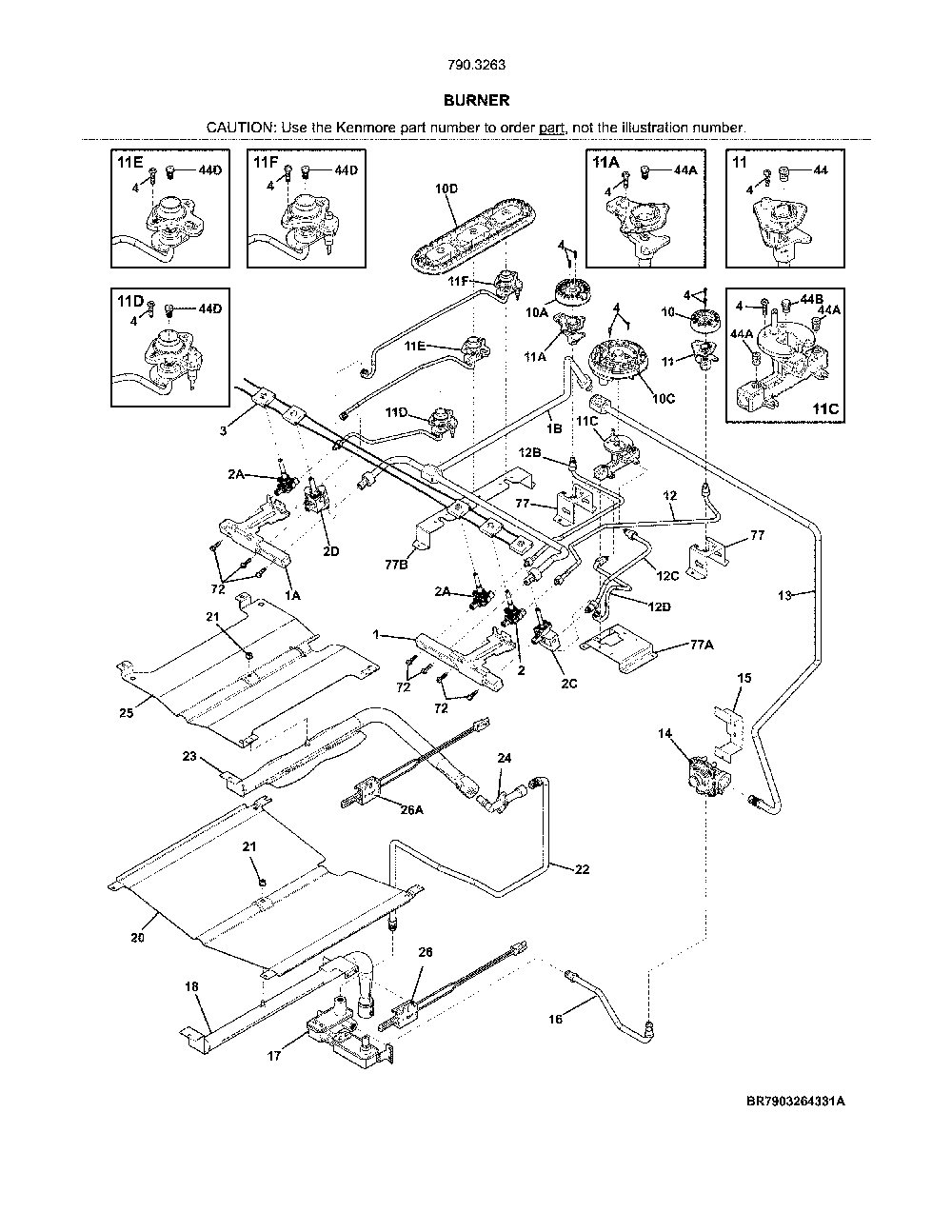 Burner Diagram and Parts List for 7903263931B  Kenmore Range