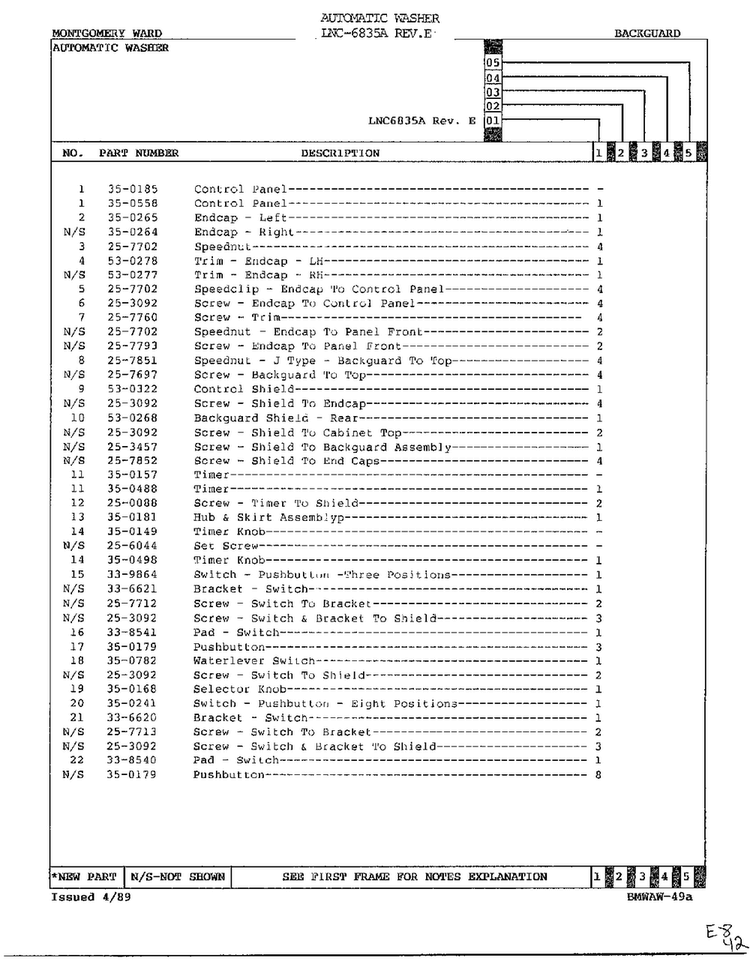 Backguard Page 2 Diagram and Parts List for 6835A REV E Norge Washer