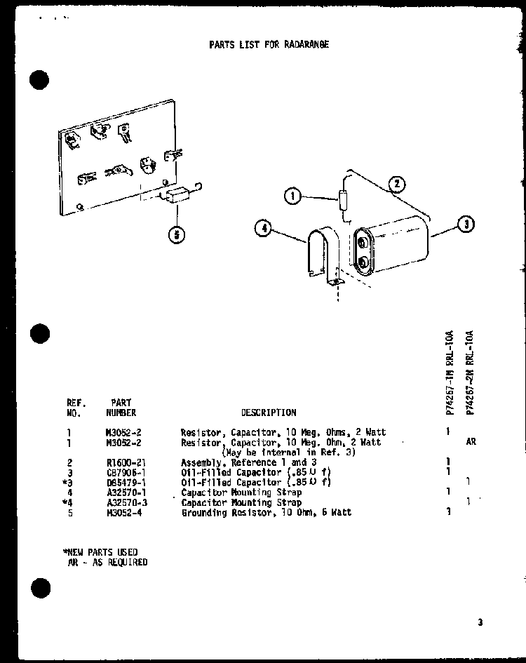 Resistor/capacitor Diagram and Parts List for RRL-10A P74267-2M Amana Microwave