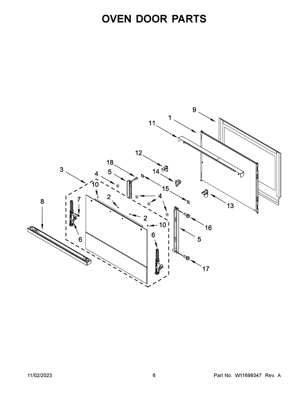 Oven Door Parts Diagram and Parts List for JMW2430LM03  Jenn-Air Microwave Oven Combo