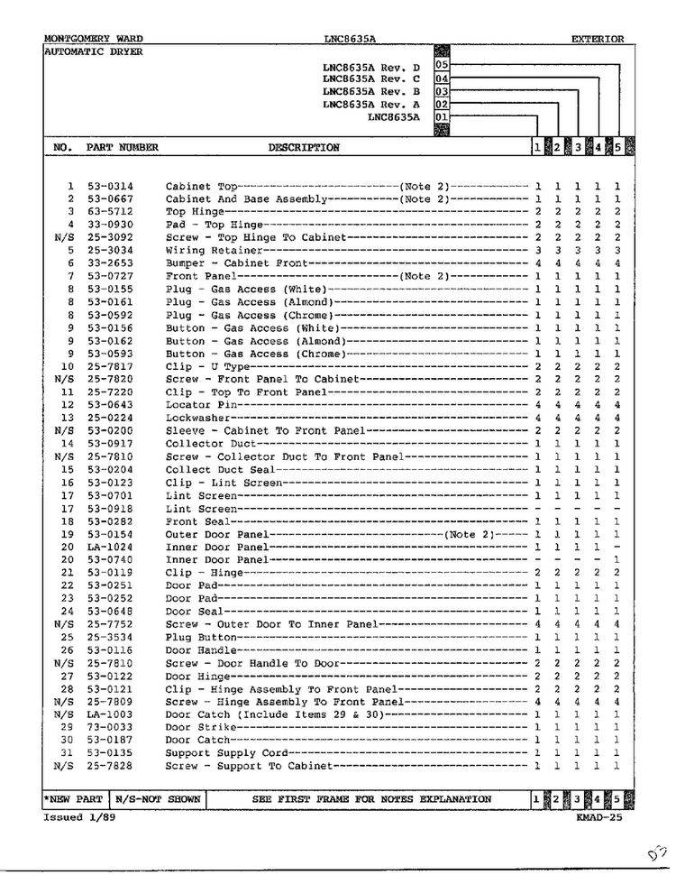 Exterior Page 2 Diagram and Parts List for 8635A  Norge Dryer