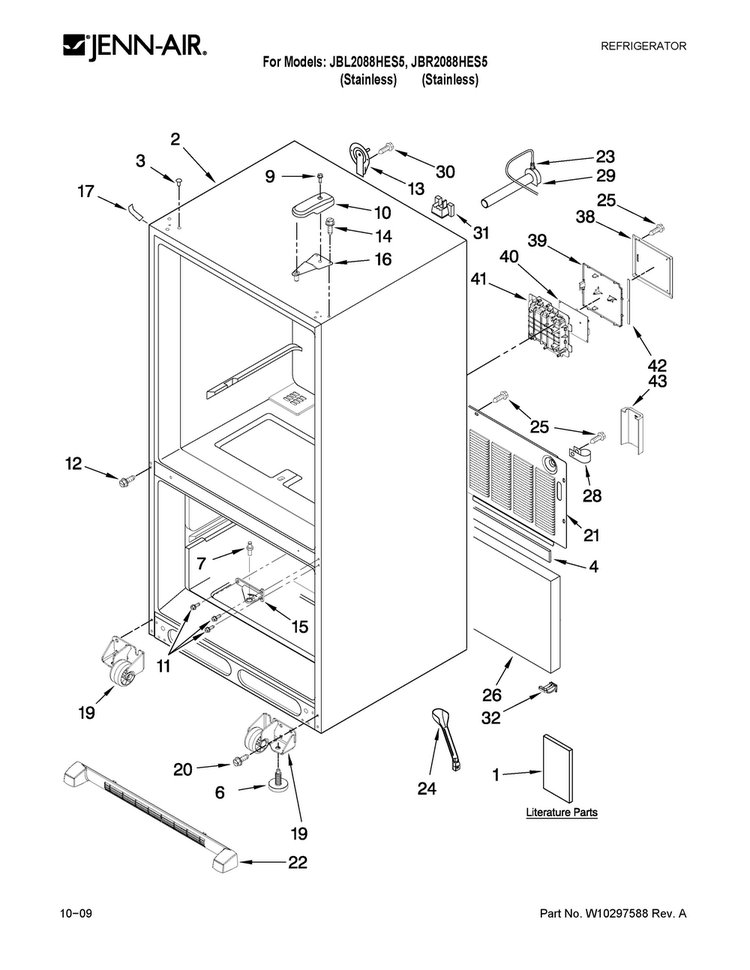 Cabinet Parts Diagram and Parts List for JBL2088HES5  Jenn-Air Refrigerator