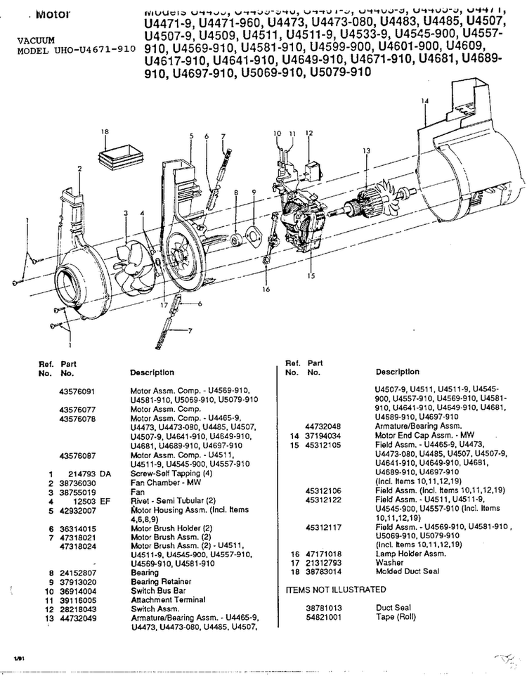 Motor Diagram and Parts List for U4671-910  Hoover Upright Vacuum