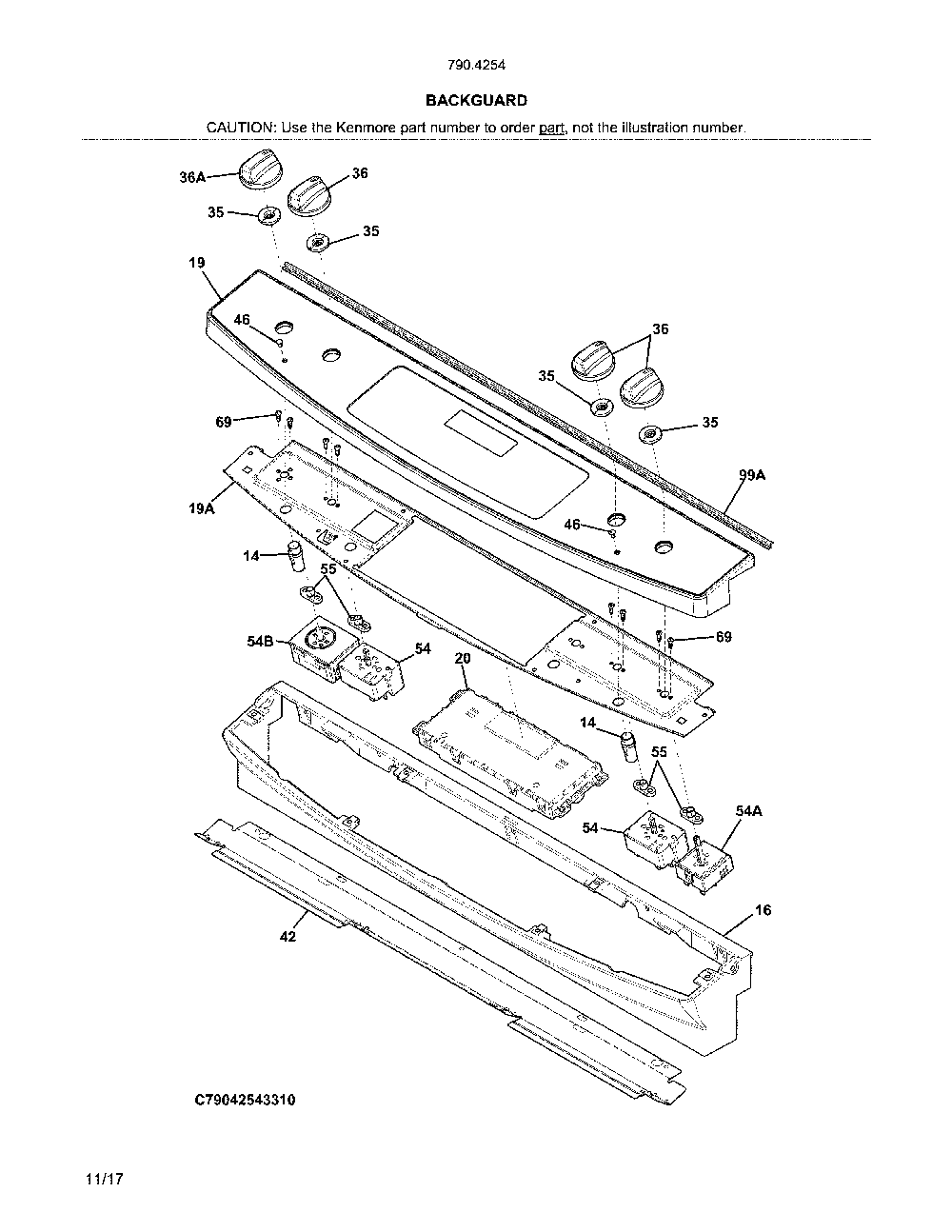 Backguard Diagram and Parts List for 79042543319  Kenmore Range