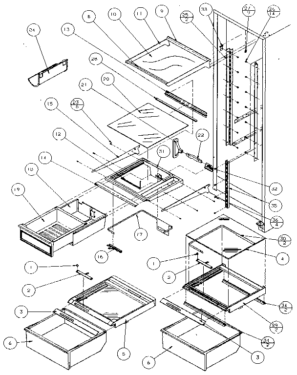 Refrigerator Shelving & Drawers Diagram and Parts List for 36541-P1121701W  Amana Refrigerator