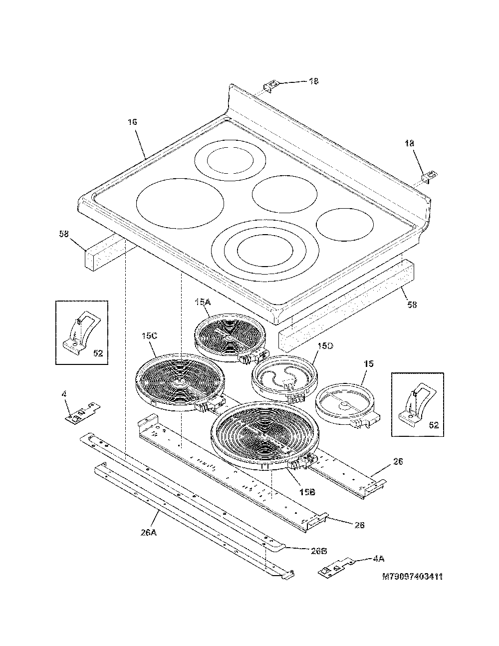 Main Top Diagram and Parts List for 79097403411  Kenmore Range