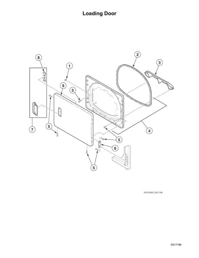 Loading Door Diagram and Parts List for ADE4BRGS176TW01  Speed Queen Dryer