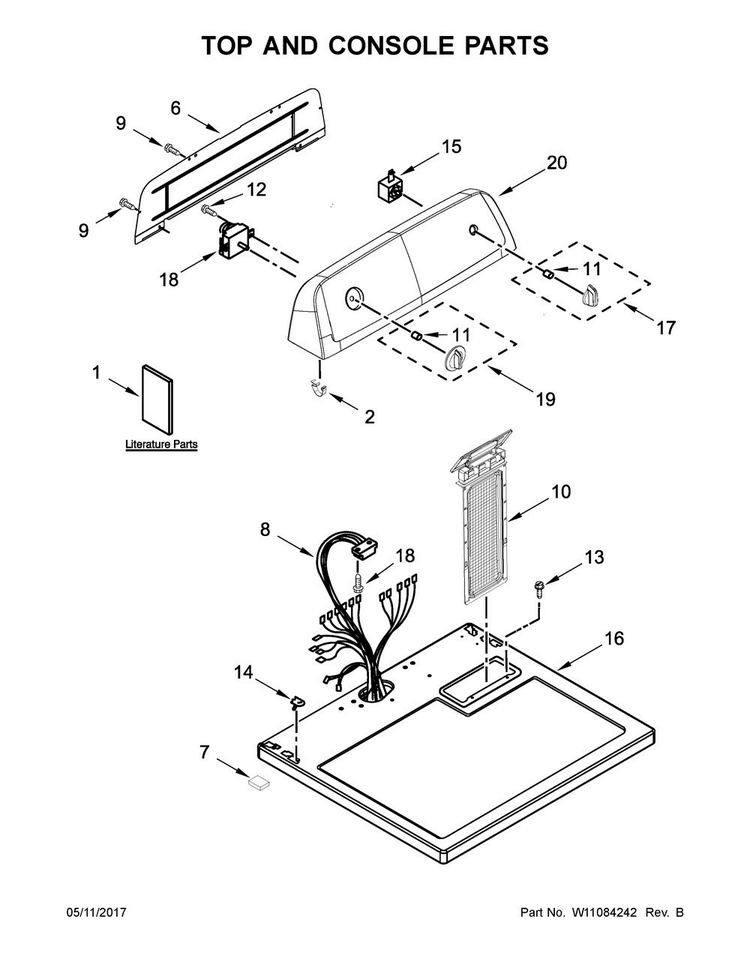Top And Console Parts Diagram and Parts List for VED6505GW0  Crosley Dryer