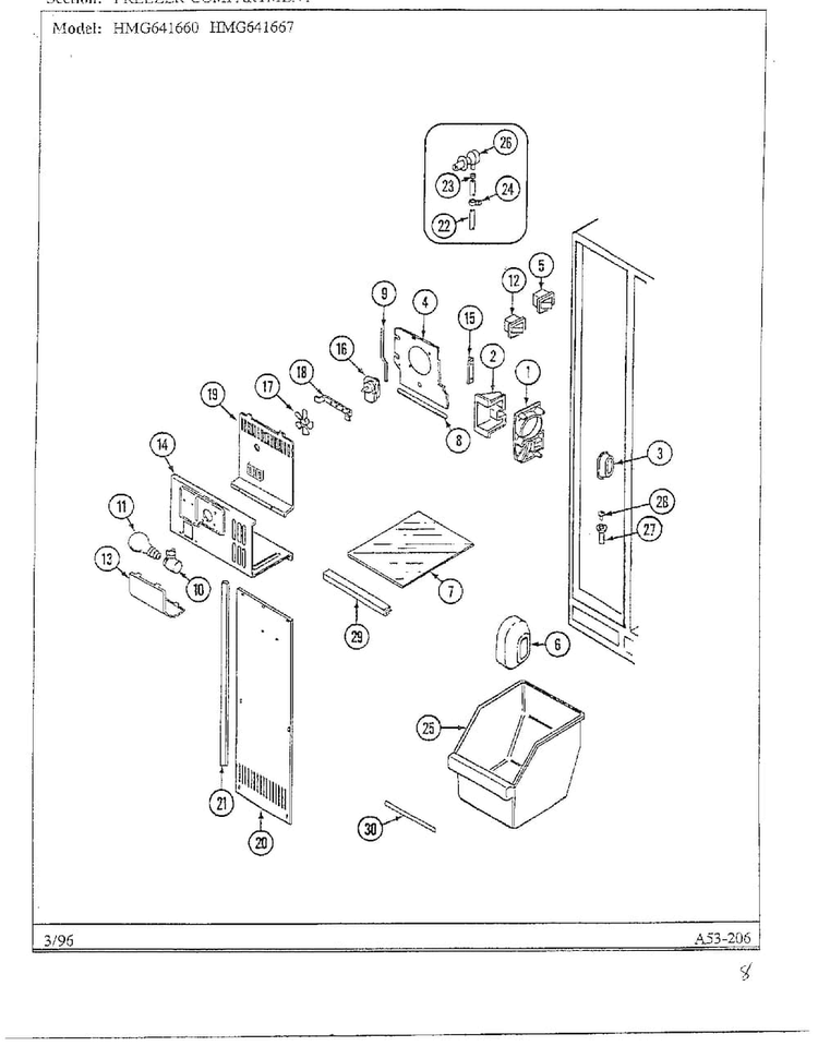 Freezer Compartment Diagram and Parts List for HMG641667  Admiral Refrigerator