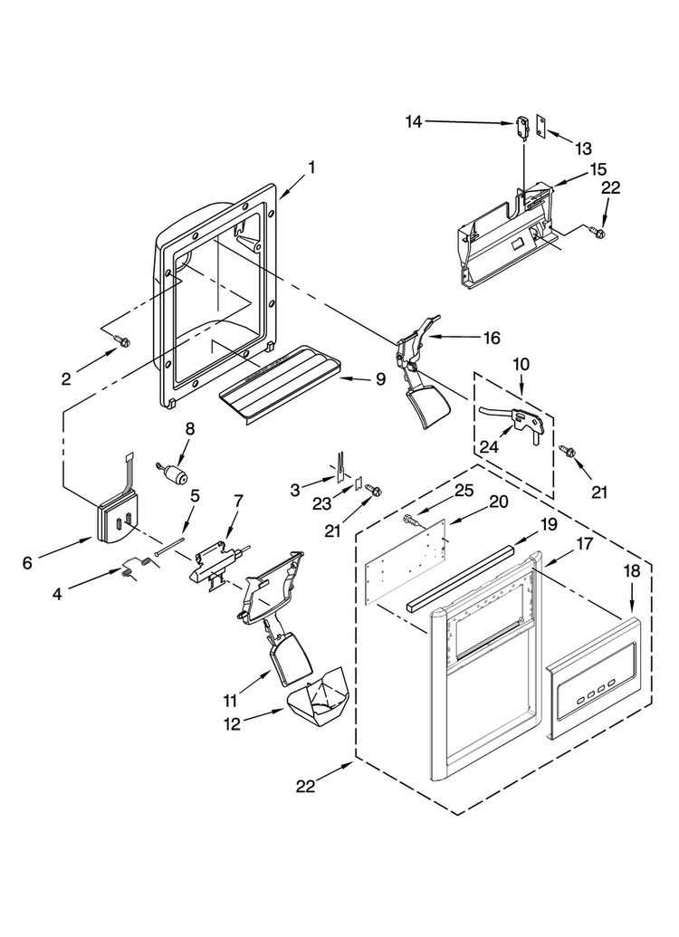 Dispenser Front Parts Diagram and Parts List for MSD2254VEW01  Maytag Refrigerator